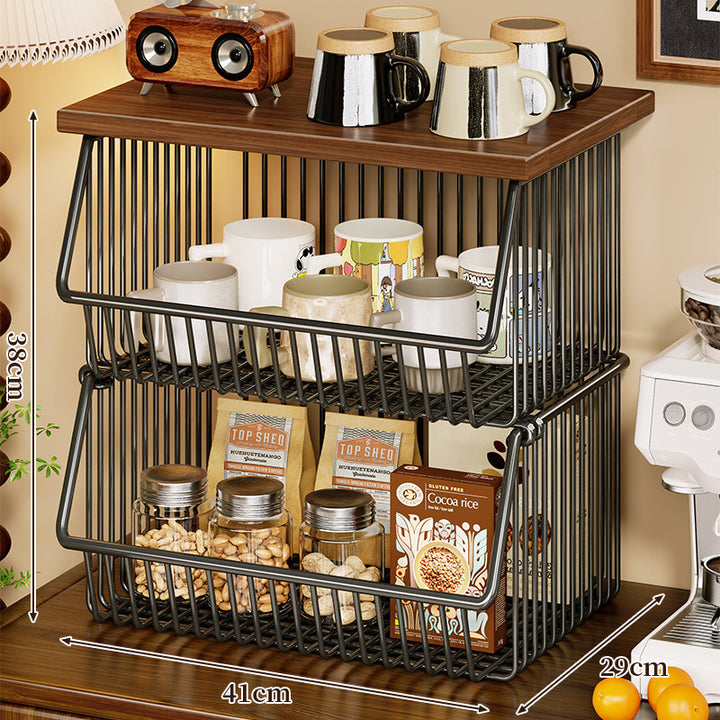 Mobile Four-Tier Kitchen Pantry Organizer Cart with Wood Top and Rolling Wire Baskets