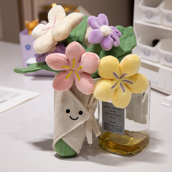 Plush Flower Bouquet Decorative Soft Toy with Embroidered Face and Removable Burlap Wrap Kalsten