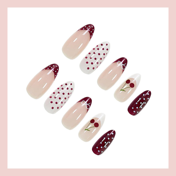 Artificial nail set with elegant cherry and polka dot patterns Kalsten