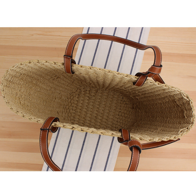 Woven Natural Material Handbag with Elegant Leather Handles Kalsten
