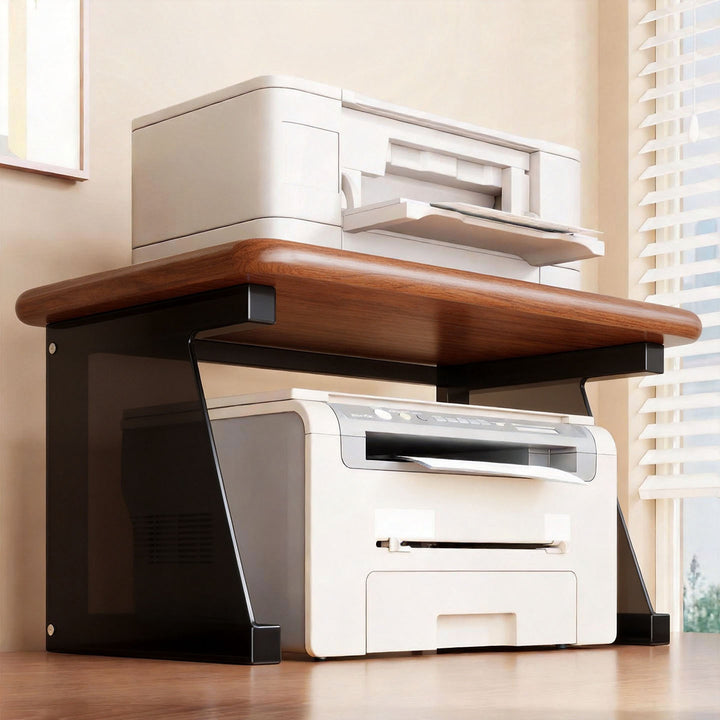 Desktop Printer and Monitor Riser with Elevated Wood-Effect Shelf and Metal Frame