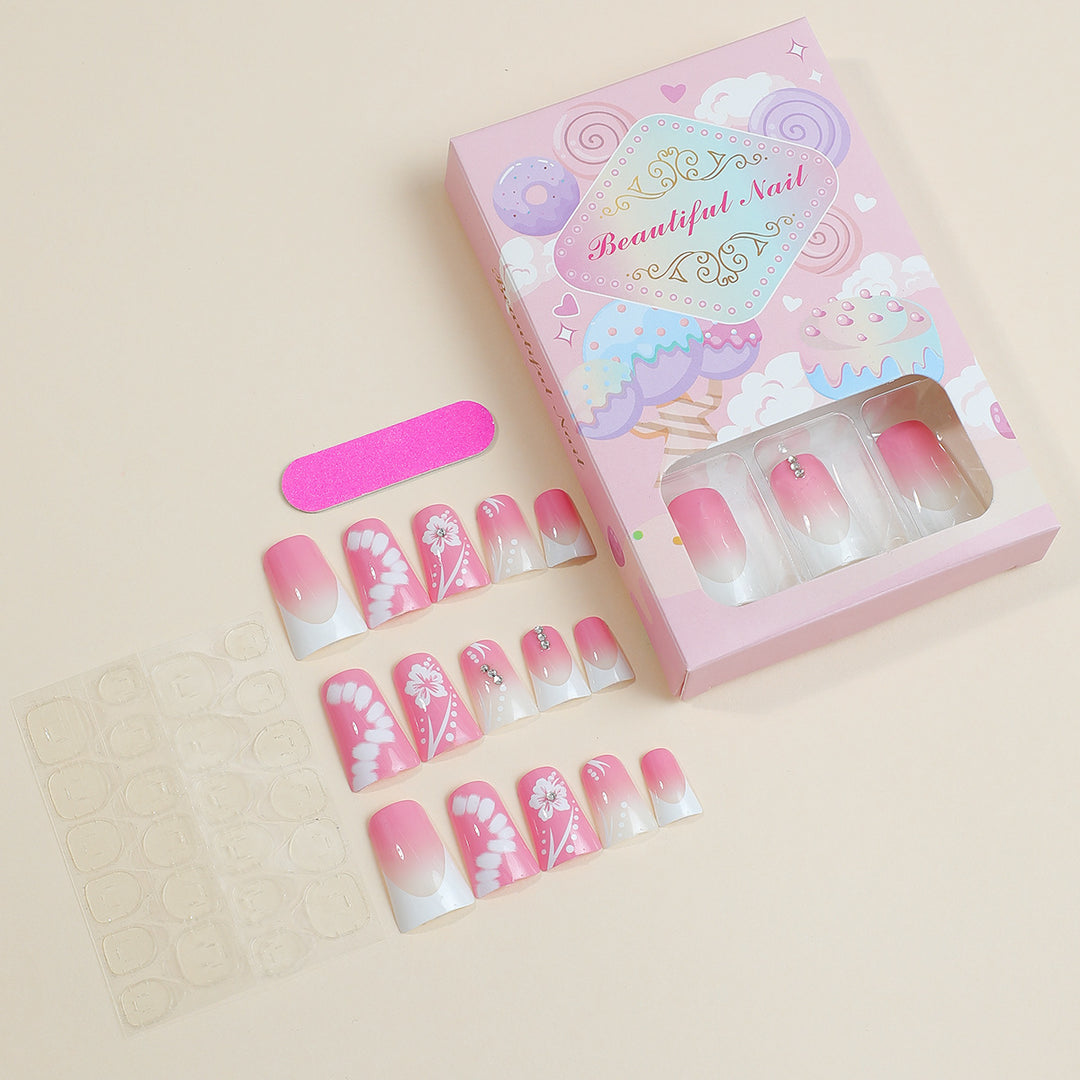 Acrylic nail set with elegant floral designs and glitter accents Kalsten