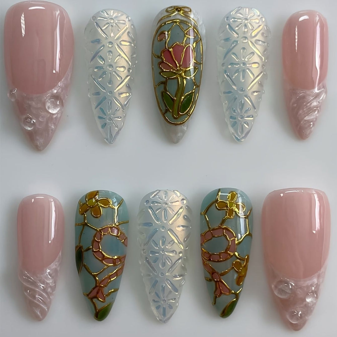 Artistic Floral and Gemstone Press-On Nail Set Kalsten
