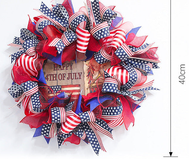 Unisex nan patriotic Americana fabric and wood door wreath with ribbon bows Kalsten