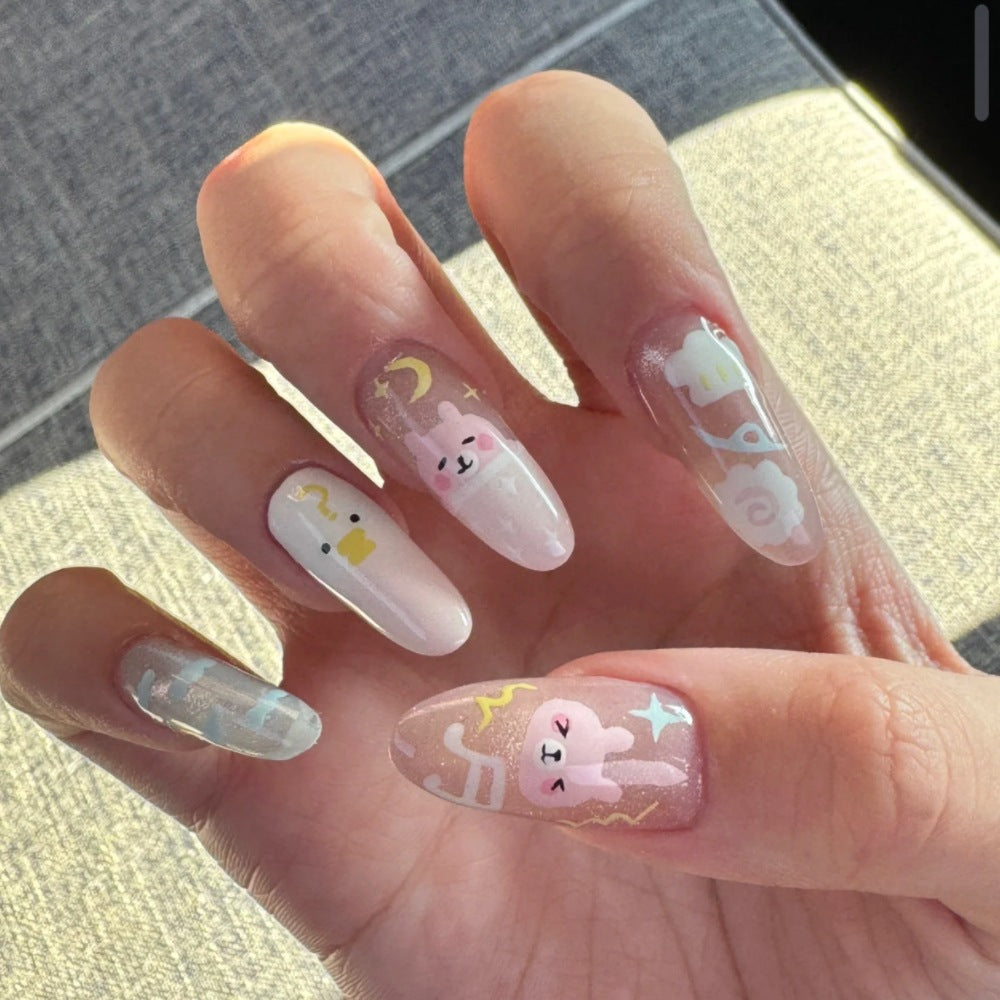 Artistic Press-On Nail Art Set with Floral and Gemstone Accents Kalsten