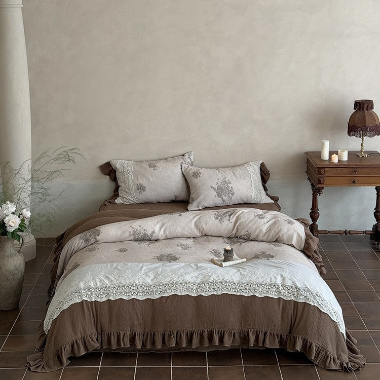 French country house bed linen set made of cotton percale with crochet lace trim
