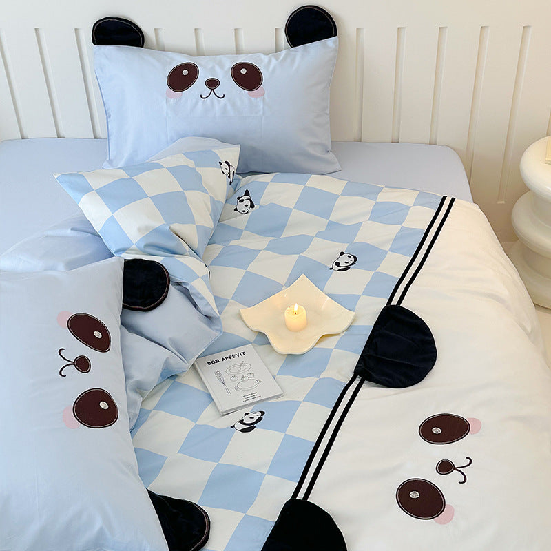 Children's bedding set with check pattern, embroidered panda face and three-dimensional ear appliqués