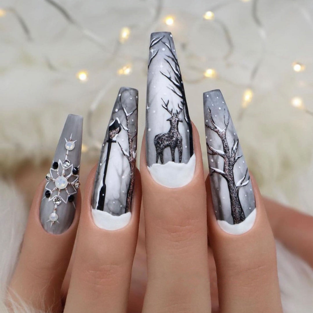 Fashionable Press-On Nail Art Set with Elegant Winter Tree Design Kalsten