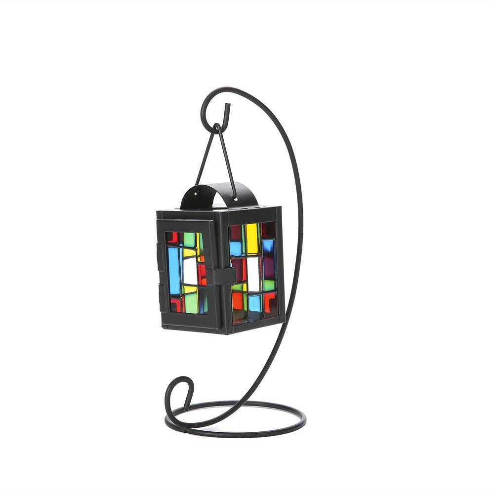 Stained Glass Mosaic Hanging Tealight Lantern with Metal Frame Kalsten
