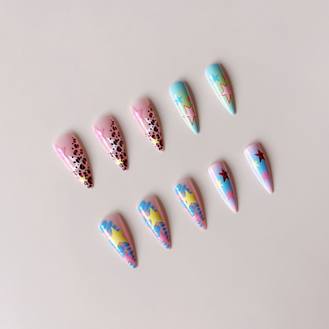 Artificial nail set with colorful 3D star designs Kalsten