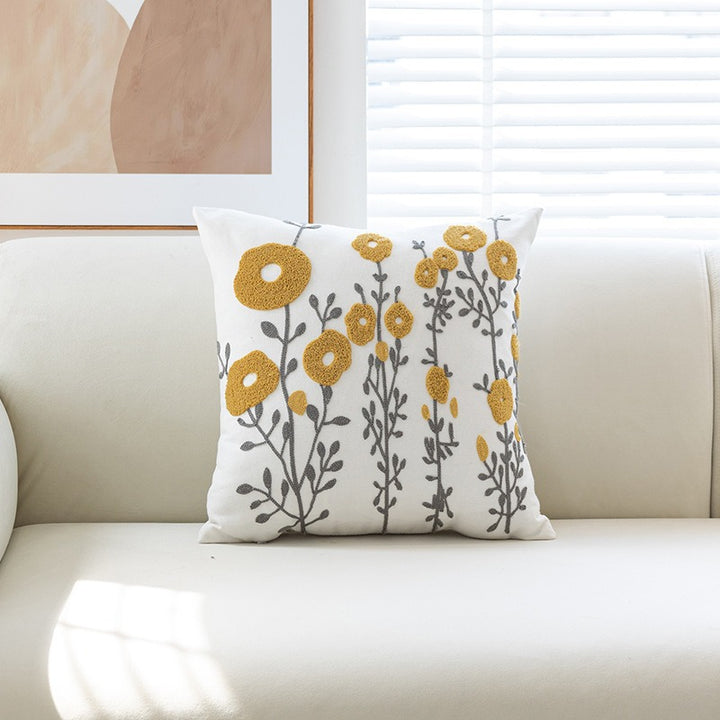 Tufted Floral Embroidered Cotton Throw Pillow Cover with Hidden Zipper