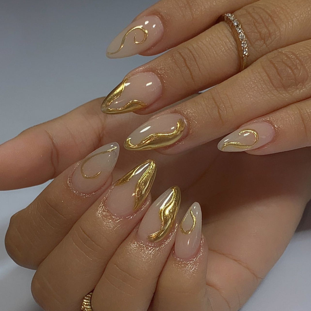 Artistic Stiletto Nails with Elegant Gold Accents Kalsten