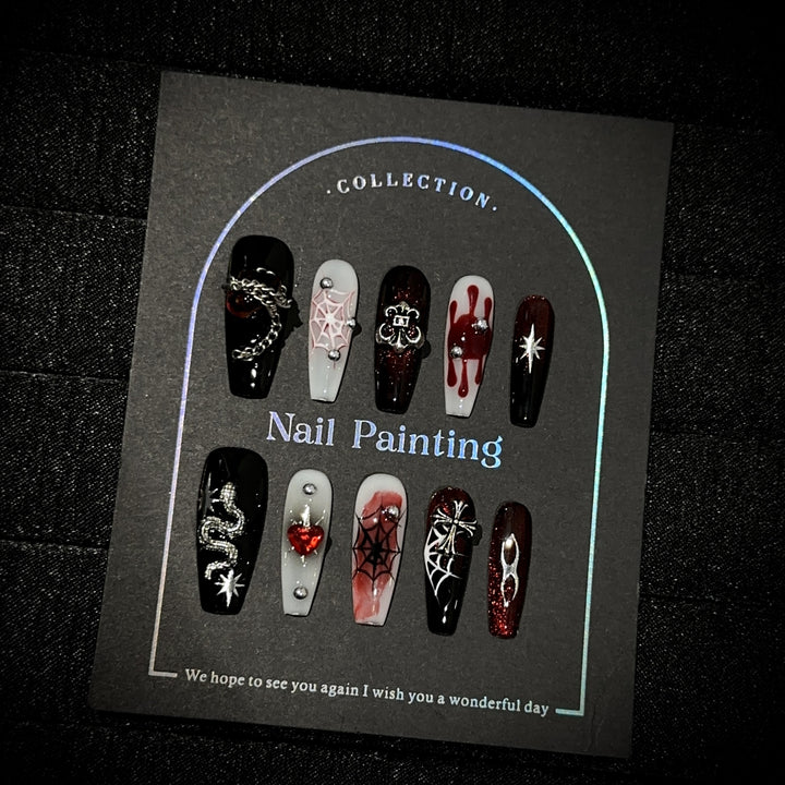 Gothic-Inspired Press-On Nail Art Set with 3D Embellishments