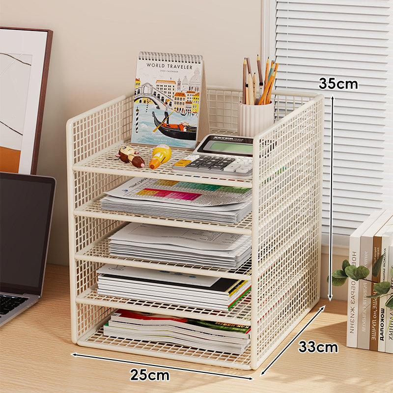 Multi-Tier Metal Mesh Desktop Document and Office Supply Organizer with Pull-Out Trays