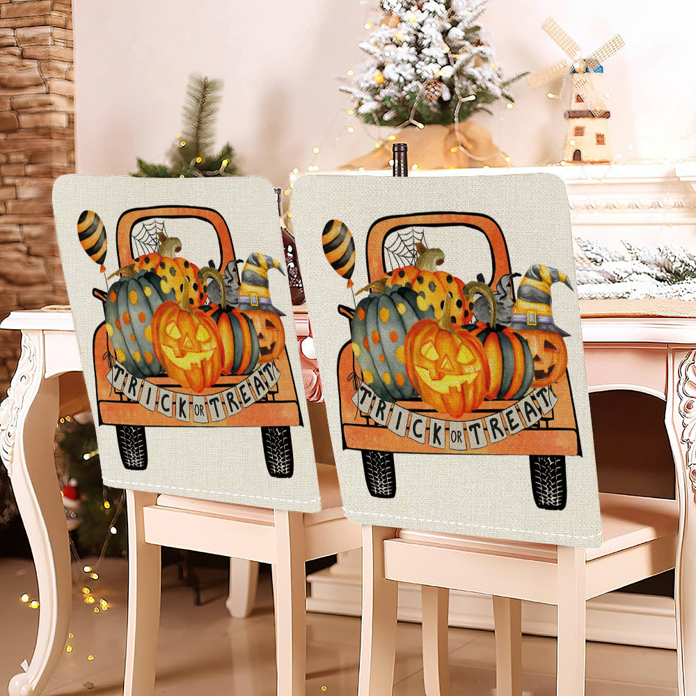 festive Halloween chair covers made of stretchable polyester with witch hat and lettering design