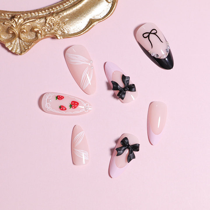 Artistic Press-On Nail Set with Bow and Berry Design Kalsten