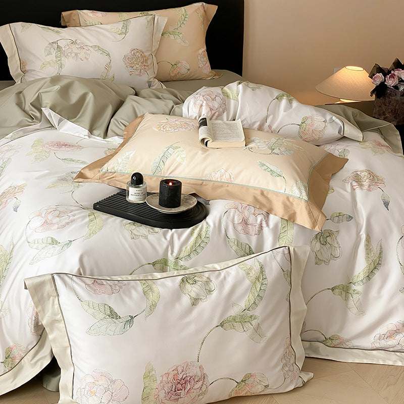 Luxurious cotton satin bedding set with large watercolor rose motif and silky feel