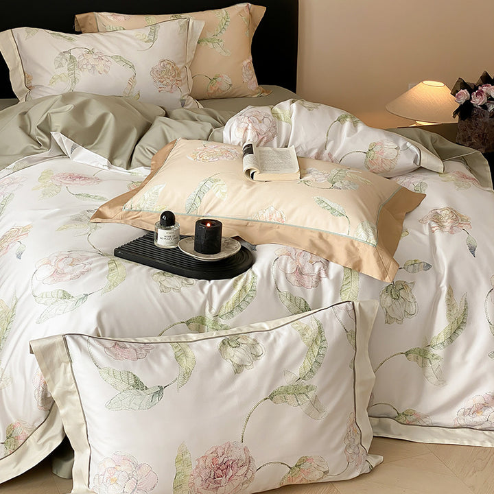 Luxurious cotton satin bedding set with large watercolor rose motif and silky feel