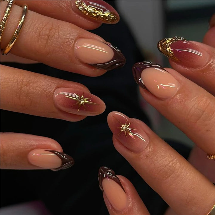 Artistic Press-On Nail Design with Gold Accents Kalsten