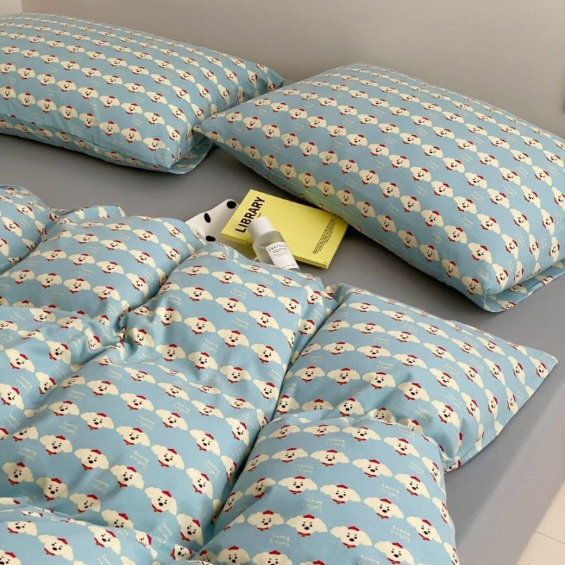 Light cotton bedding set with quilted topper and fine stripe pattern
