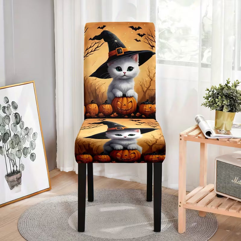 Elastic chair cover with Halloween castle and witch motif, stretchable chair cover for backrest and seat