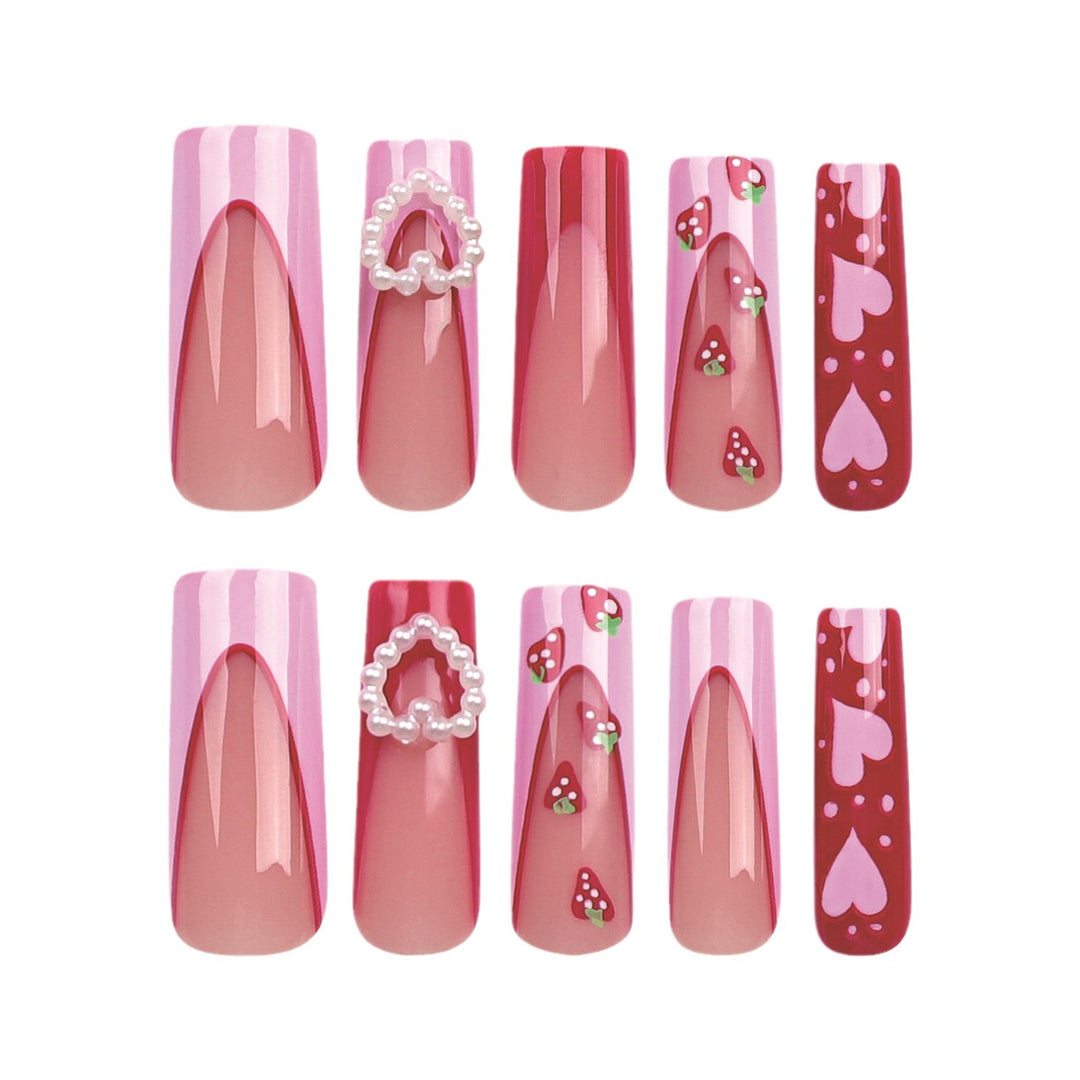 Artistic Nail Extensions with Heart and Strawberry Design Kalsten