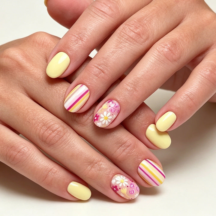 Artistic Floral and Striped Press-On Nail Art Kalsten