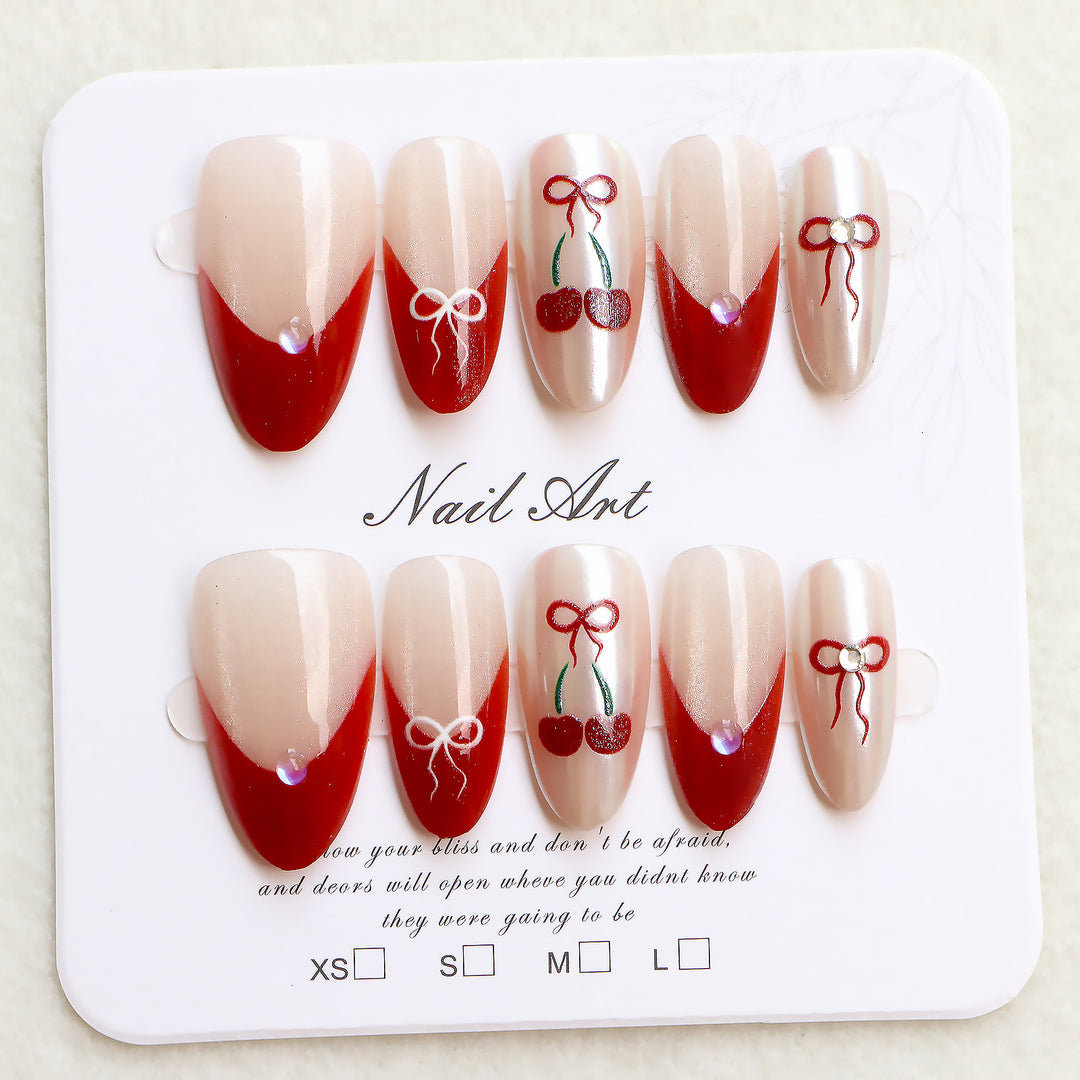 Artistic Press-On Nail Set with Cherry and Ribbon Design Kalsten