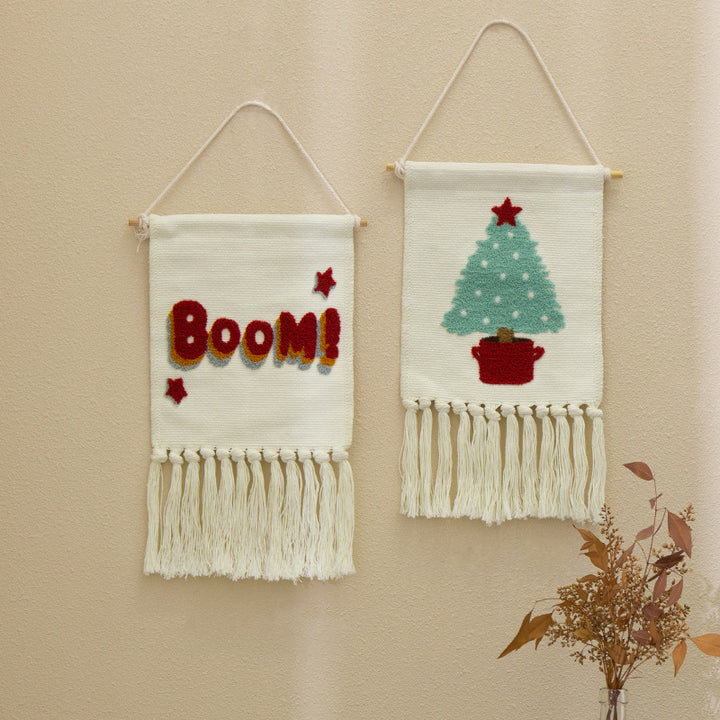 Woven cotton blend wall hanging with tufted cactus motif and cotton fringes Kalsten