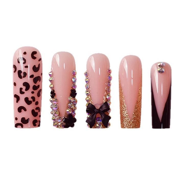 Glamorous Press-On Nail Art Set with Rhinestone and Leopard Accents Kalsten