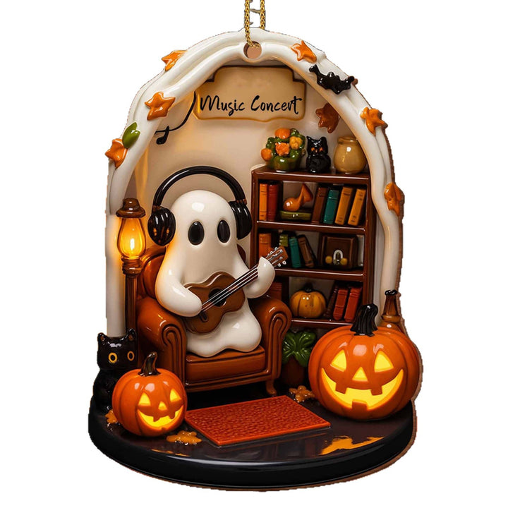 Hanging Halloween decoration pendant made of resin with ghost knitting and LED lighting