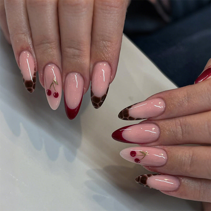 Artificial nail set with fruity cherry design and elegant gradient color Kalsten