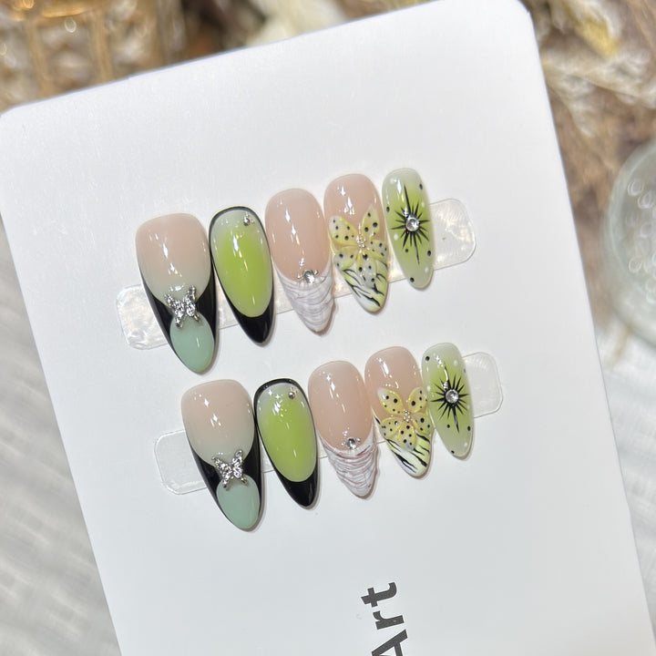 Artistic Press-On Nail Set with Butterfly and Floral Designs Kalsten