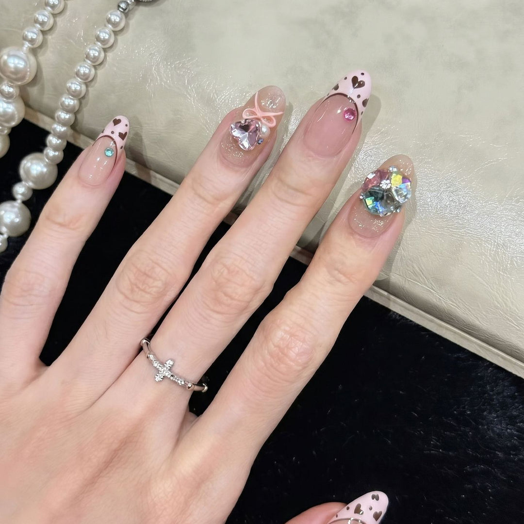 Decorative Press-On Nail Art Set with Heart and Gem Accents Kalsten