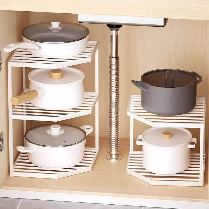 Corner Three-Tier Hexagonal Metal Mesh Kitchen Pot and Pan Organizer Rack