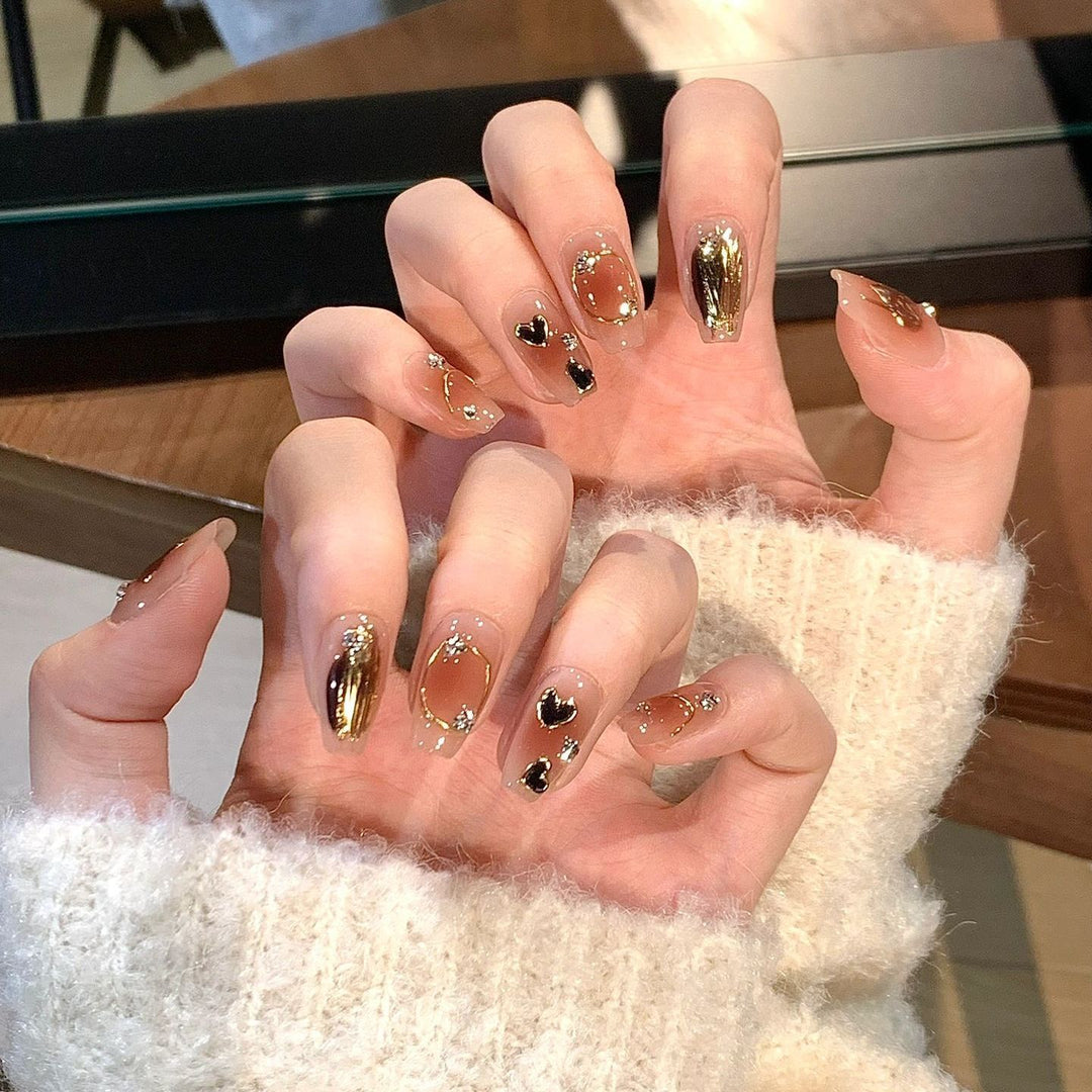 Artistic Press-On Nail Set with Heart and Glitter Accents Kalsten
