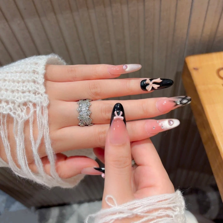 Artistic Press-On Nail Set with Creative Bow and Gemstone Accents Kalsten