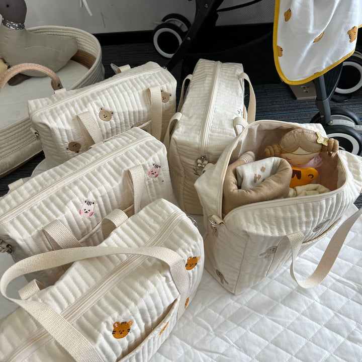 Quilted Baby Diaper Backpack Bag with Embroidered Plush Bear Accents