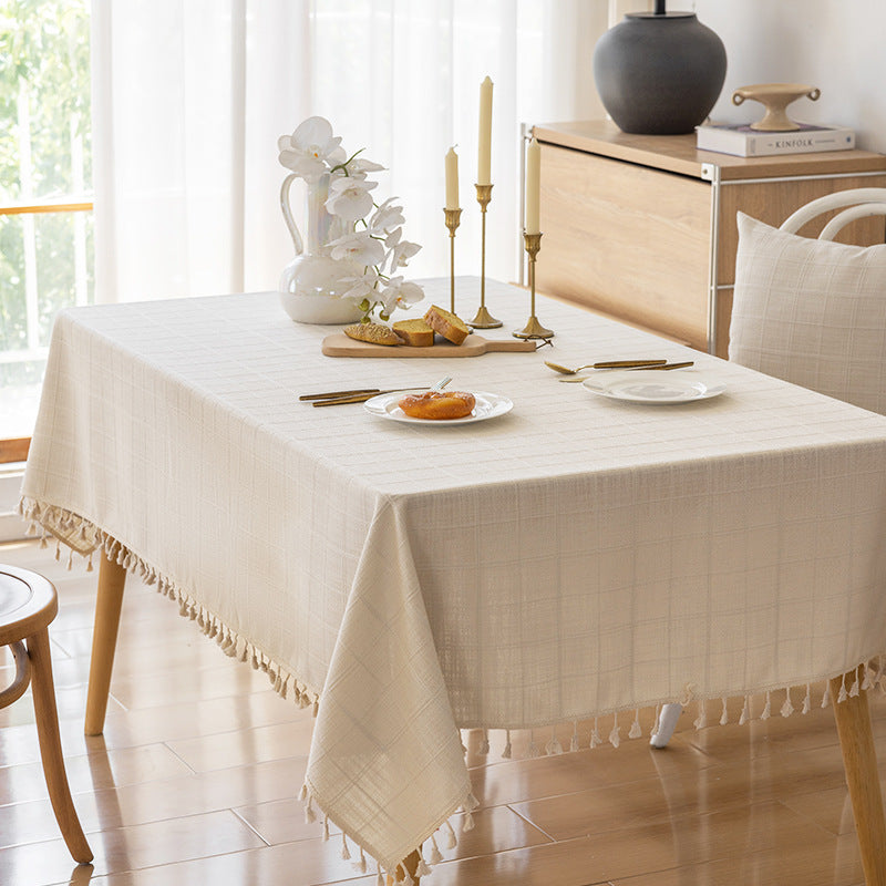 Rectangular Textured Cotton-Linen Tablecloth with Knotted Tassel Fringe and Matching Accent Pillow Covers