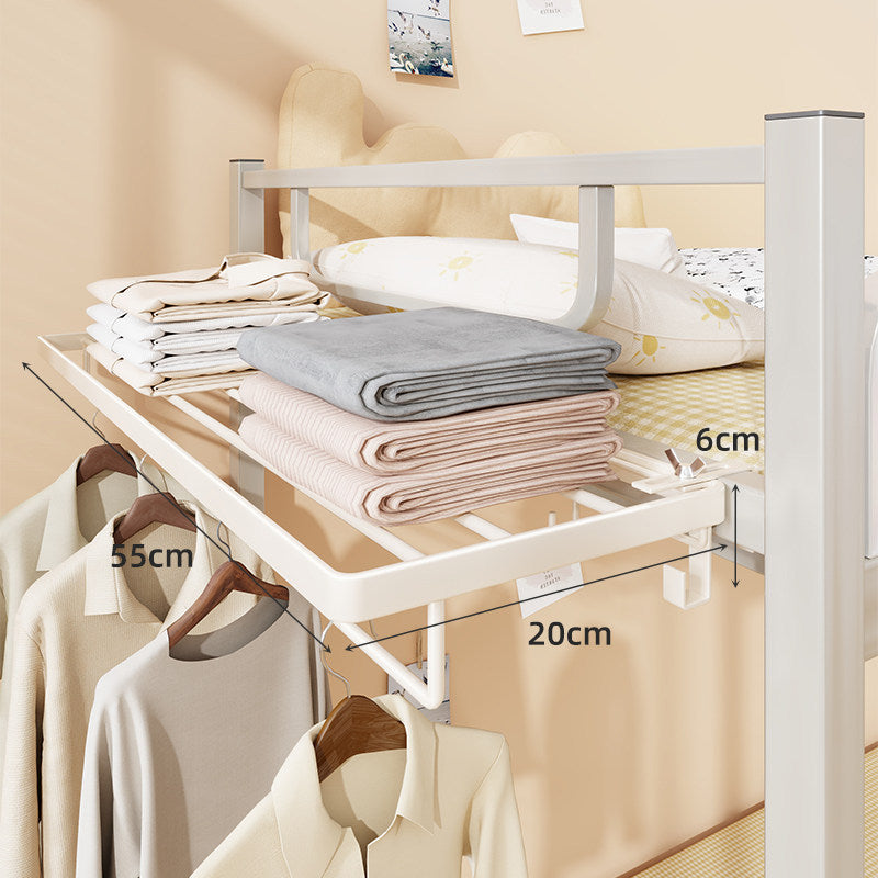 Bed Frame Mounted Slide-Out Clothes and Linen Shelf with Retractable Hanging Rail