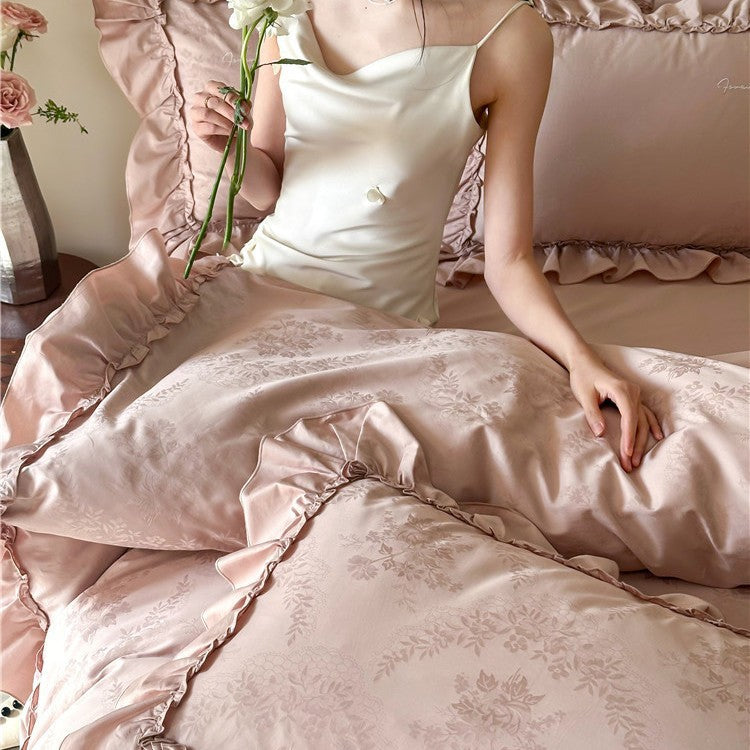 Luxurious satin bedding set with ruffles and jacquard floral pattern