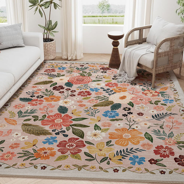 Large Floral Printed Low-Pile Machine-Woven Area Rug with Stain-Resistant Finish