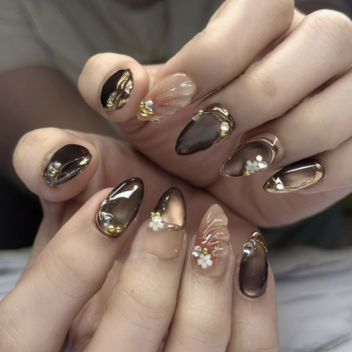 Artful nail extensions with elegant 3D flower embellishments Kalsten