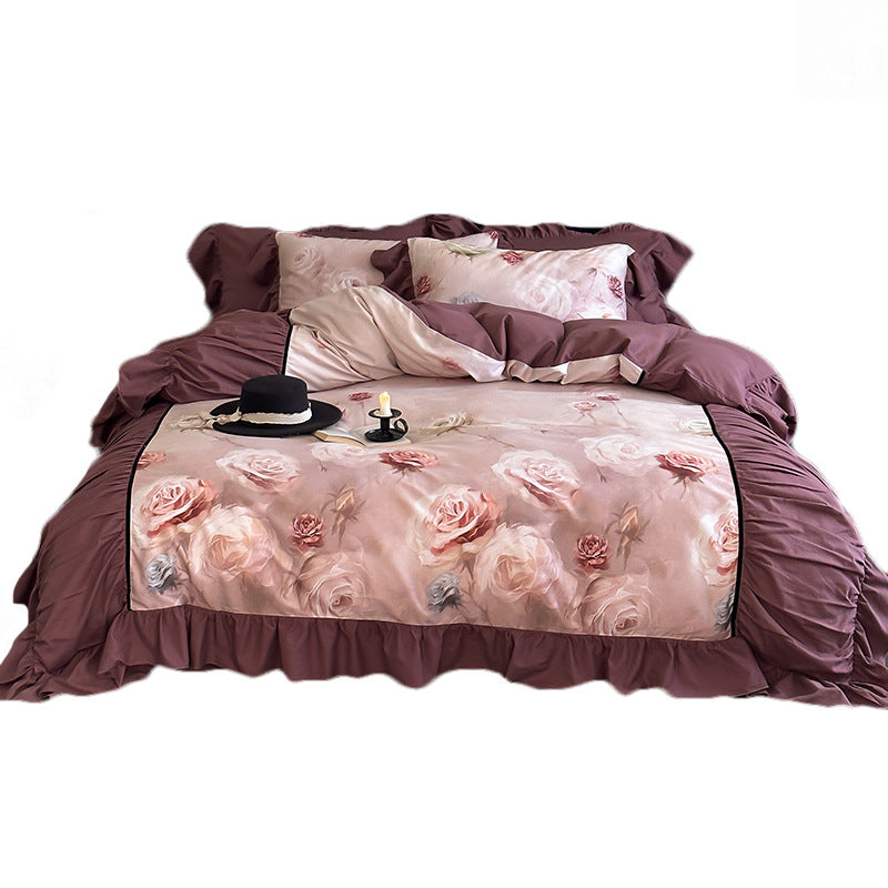 Bedding set made of cotton satin with rose watercolor print, ruffle and decorative bedspread