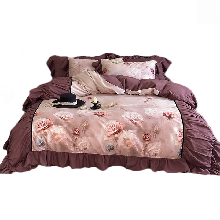 Bedding set made of cotton satin with rose watercolor print, ruffle and decorative bedspread