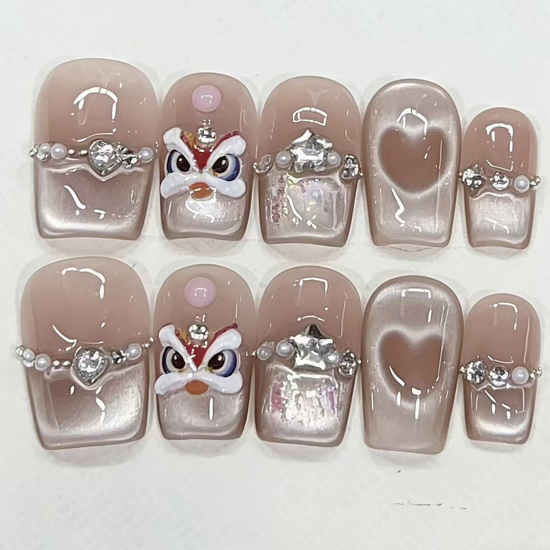 Artistic Press-On Nail Art Set with Heart and Gem Accents Kalsten