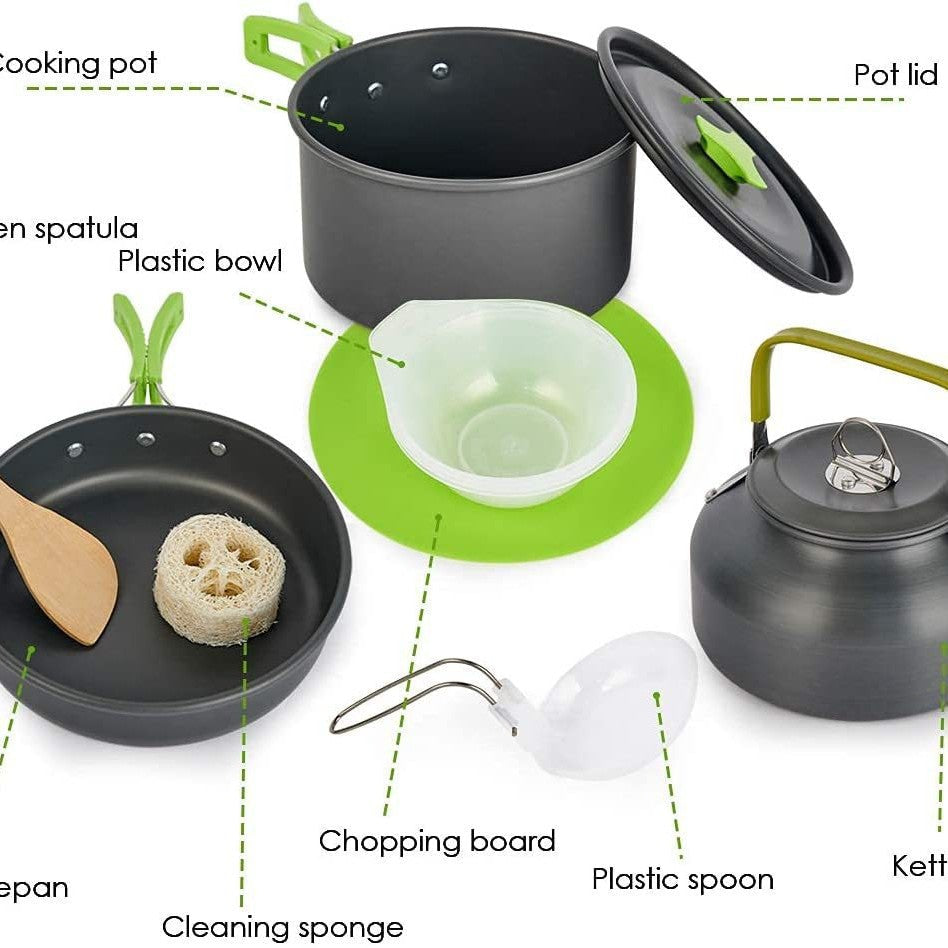 lightweight non-stick camping cookware set with folding handles kettle pot pan utensils and mesh carry bag Kalsten