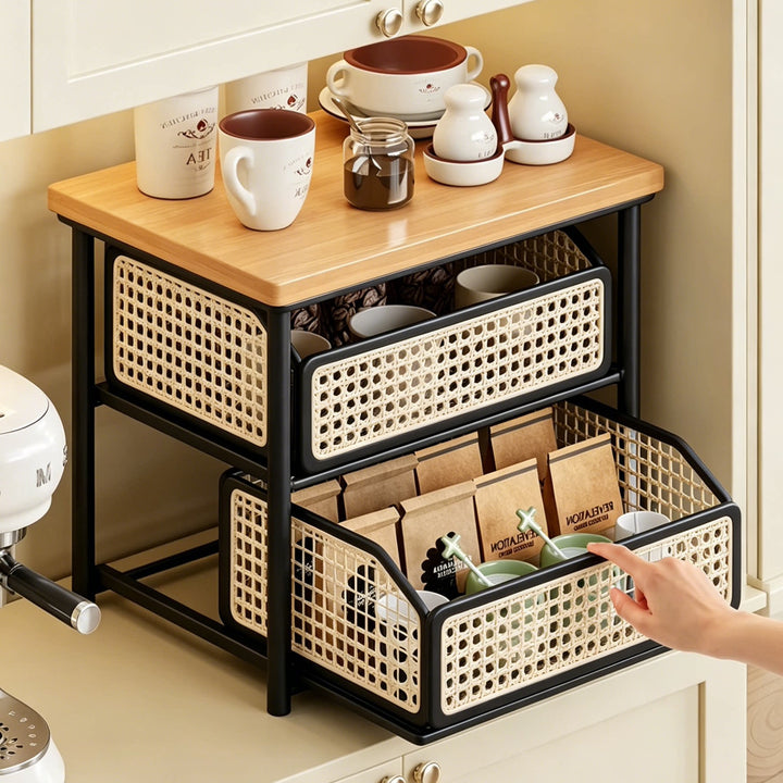 Countertop Wooden Top Metal Storage Rack with Sliding Wire Basket