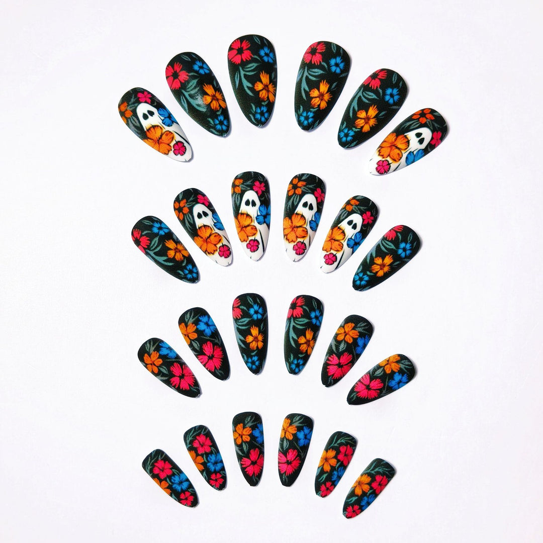 Creative Art Nails with Skull and Colorful Flower Design Kalsten