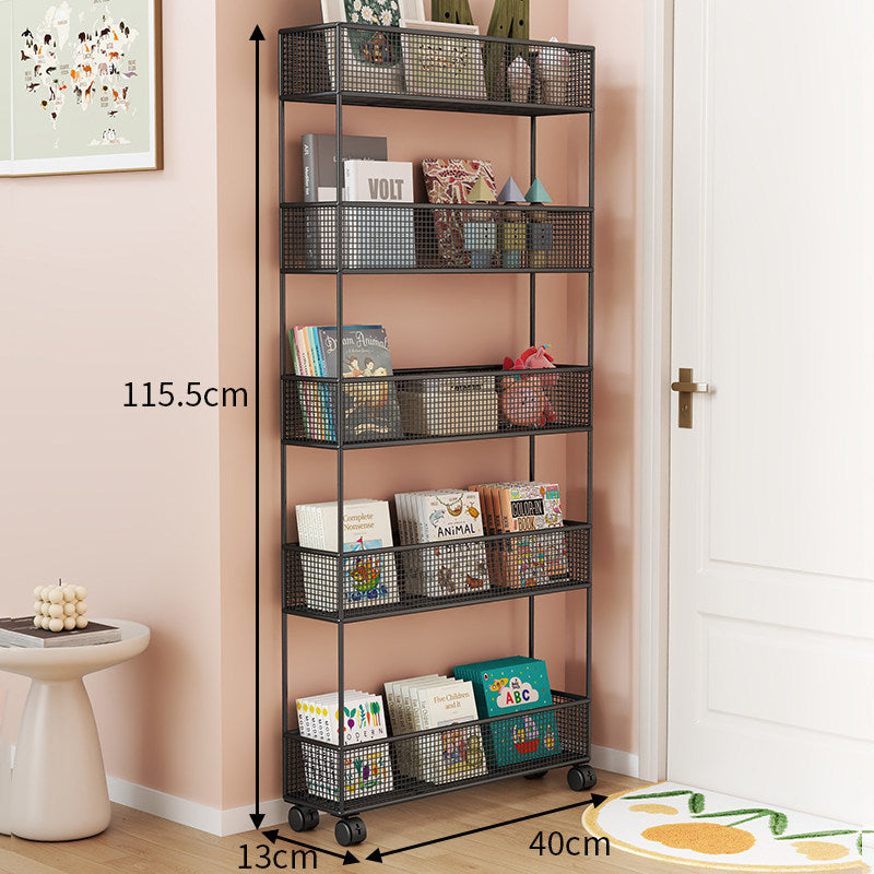 Industrial Metal Mesh Four-Tier Narrow Bookshelf Organizer